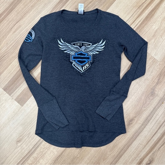 Harley-Davidson Tops - Harley-Davidson Charcoal Gray Long Sleeve Tee with Blue & Silver Logo